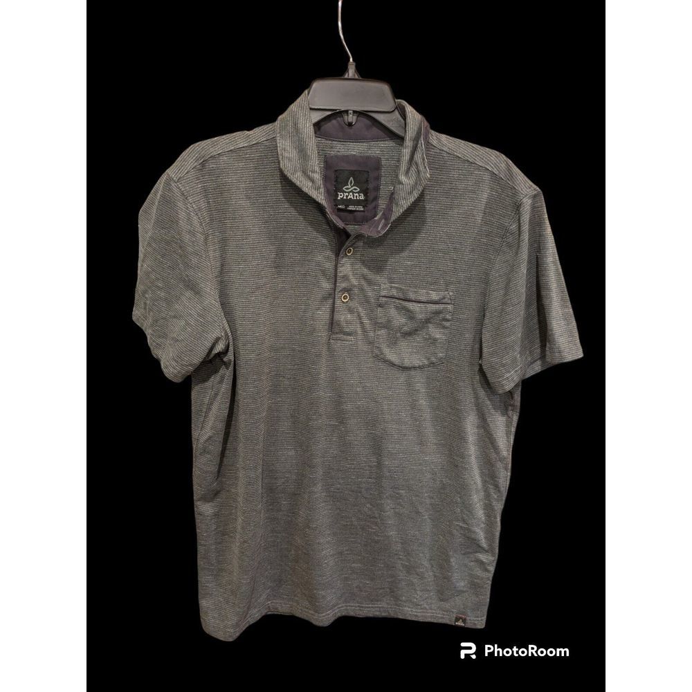 Prana Men’s Shirt Gray Medium  Fits   Polo  Button‎ Poly Blend